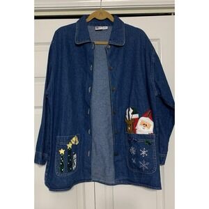 Vintage Good To Go Oversized Christmas Santa Embroidered Denim Jacket Size L